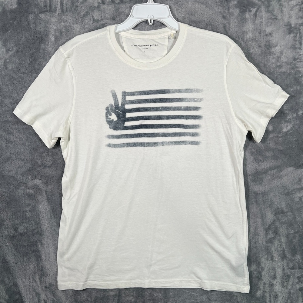 John Varvatos Graphic T Shirt Mens Large White Peace Sign Flag America USA